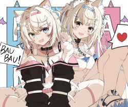 Rule 34 | 2girls, absurdres, animal ears, bandaid, bandaid hair ornament, black jacket, blonde hair, blue eyes, blue hair, blush, breasts, cross hair ornament, dog ears, dog tail, dress, fang, fuwawa abyssgard, fuwawa abyssgard (1st costume), hair ornament, hairclip, headphones, headphones around neck, heart, highres, hololive, hololive english, jacket, kani02030, long hair, looking at viewer, medium breasts, medium hair, mococo abyssgard, mococo abyssgard (1st costume), multicolored hair, multiple girls, open mouth, pink eyes, pink hair, shoes, siblings, sitting, sneakers, streaked hair, tail, twins, two side up, virtual youtuber, white dress, white footwear