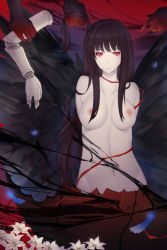 Rule 34 | 1girl, absurdres, amputee, black hair, blood, bloody tears, breasts, eggshell, feathers, flower, grabbing another&#039;s hair, highres, innocent grey, kara no shoujo, kuchiki touko, long hair, looking at viewer, mag (huangmag), medium breasts, nipples, nude, prosthesis, prosthetic arm, red eyes, smile, solo, very long hair
