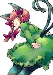 Rule 34 | 1girl, :3, :d, animal ears, bent over, blunt bangs, bow, braid, cat ears, cat tail, dress, from behind, fumikiri (dake no hito), green dress, hair ribbon, highres, kaenbyou rin, looking at viewer, looking back, multiple tails, nekomata, open mouth, pantyhose, red eyes, red hair, ribbon, smile, solo, tail, touhou, tress ribbon, twin braids, two tails