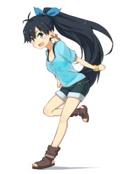 Rule 34 | 1girl, bad id, bad pixiv id, black hair, blue eyes, fang, ganaha hibiki, hamuzou, idolmaster, idolmaster (classic), jewelry, long hair, lots of jewelry, nosuku, open mouth, ponytail, sandals, shoes, smile, solo, toeless footwear