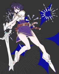 Rule 34 | 1girl, absurdres, armor, bare legs, belt, black hair, boots, closed mouth, diamond (shape), earrings, fire emblem, fire emblem: genealogy of the holy war, gloves, highres, holding, holding sword, holding weapon, jewelry, larcei (fire emblem), meekatsumee, nintendo, purple eyes, purple tunic, short hair, shoulder armor, sidelocks, simple background, skirt, smile, solo, sword, tunic, weapon
