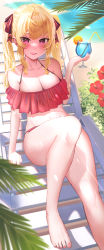 Rule 34 | 1girl, arm support, bare legs, barefoot, beach, bikini, blonde hair, blurry, blurry background, blush, breasts, cleavage, collarbone, drink, eden (edenaldojj), flower, foot out of frame, frilled bikini, frills, hair ribbon, highres, holding, leaf, long hair, looking at viewer, midriff, nail polish, navel, nijisanji, ocean, open mouth, outdoors, pink eyes, red bikini, ribbon, sand, sidelocks, smile, solo, swimsuit, takamiya rion, thighs, toes, twintails, virtual youtuber