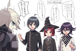Rule 34 | 1girl, 3boys, :d, ahoge, android, black hair, black headwear, black jacket, checkered clothes, checkered scarf, commentary request, danganronpa (series), danganronpa v3: killing harmony, hair between eyes, hair ornament, hairclip, hat, jacket, k1-b0, long sleeves, looking at viewer, multiple boys, nanao (nanao1023), oma kokichi, open clothes, open jacket, open mouth, profile, purple eyes, purple hair, red hair, red shirt, saihara shuichi, scarf, shirt, short hair, simple background, smile, speech bubble, straitjacket, striped clothes, striped jacket, translation request, upper body, white background, white jacket, witch hat, yumeno himiko