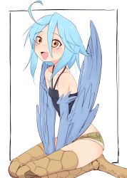 Rule 34 | 1girl, :d, absurdres, ahoge, blue hair, blue wings, eds, feathered wings, harpy, highres, monster girl, monster musume no iru nichijou, open mouth, orange eyes, papi (monster musume), seiza, short shorts, shorts, sitting, smile, solo, white background, winged arms, wings