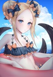 Rule 34 | 1girl, abigail williams (emerald float) (fate), abigail williams (fate), bikini, blue sky, breasts, cleavage, cloud, cloudy sky, commentary request, double bun, fate/grand order, fate (series), felicia8, forehead, frilled bikini, frills, hair bun, highres, light brown hair, long hair, looking at viewer, lying, navel, ocean, on back, on innertube, outdoors, parted bangs, pink innertube, sidelocks, sky, small breasts, solo, spaghetti strap, stomach, swimsuit, tentacles