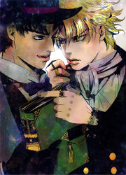 Rule 34 | 2boys, annoyed, birthmark, black hair, blonde hair, blue eyes, book, bow, bowtie, close-up, ascot, dio brando, hat, holding, holding book, jewelry, jojo no kimyou na bouken, jonathan joestar, lace, lips, lipstick, looking at another, makeup, male focus, multiple boys, nasoya, red eyes, ring, top hat