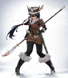 Rule 34 | 1girl, absurdres, armor, black hair, facial mark, glaive (polearm), highres, long hair, mask, original, polearm, skirt, snow, solo, sword, weapon, whisker markings, youguang liangliang