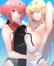 Rule 34 | 2girls, absurdres, arm up, armpits, blonde hair, blush, breast press, breasts, cleavage, competition swimsuit, hand on own hip, highres, large breasts, multiple girls, mythra (xenoblade), one-piece swimsuit, pyra (xenoblade), red hair, sky, smile, swimsuit, symmetrical docking, vitotraps, water, xenoblade chronicles (series), xenoblade chronicles 2
