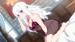 Rule 34 | ahoge, bed, bedroom, breasts, closed mouth, inma, large breasts, lingerie, long hair, non-web source, on bed, purple eyes, sakura mmo, see-through, seiza, sitting, thong, underwear, viola (sakura mmo), white hair