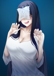 Rule 34 | 1girl, absurdres, black hair, blue background, breasts, claw pose, cleavage, covered face, drawtasu, dress, ghost girl, highres, large breasts, long hair, long sleeves, open mouth, original, paper, solo, very long hair, wavy mouth, white dress, wide sleeves