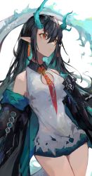 Rule 34 | 1girl, aqua hair, arknights, bare shoulders, black coat, black hair, blue fire, breasts, cleavage cutout, closed mouth, clothing cutout, coat, cowboy shot, dragon girl, dragon horns, dragon tail, dress, dusk (arknights), earrings, fiery tail, fire, highres, horns, jewelry, lch, long hair, long sleeves, looking away, medium breasts, multicolored hair, necktie, open clothes, open coat, pointy ears, red eyes, red necktie, short dress, solo, tail, two-tone hair, very long hair, white dress