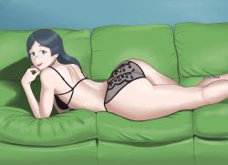 Rule 34 | 10s, 1girl, artist name, ass, barbara parker, couch, green eyes, green hair, little witch academia, long hair, looking at viewer, lying, matching hair/eyes, on stomach, panties, parted lips, smile, solo, thotticus-slayer, underwear
