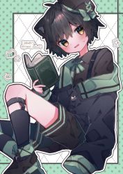 Rule 34 | 1boy, animal ears, asymmetrical legwear, beret, black hair, blush, book, boots, cat boy, cat button, cat ears, collared shirt, eringikinono, hat, hat ribbon, highres, holding, holding book, knee up, legwear garter, long sleeves, male focus, mismatched legwear, neck ribbon, off shoulder, open mouth, original, ribbon, shirt, short hair, shorts, sitting, sleeves past wrists, socks, solo, striped clothes, striped thighhighs, suspenders, sweat, thighhighs, tilted headwear, wavy mouth, yellow eyes
