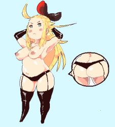 Rule 34 | 1girl, armpits, arms up, ass, belly, blonde hair, blue background, blue eyes, bow, bravely default: flying fairy, bravely default (series), breasts, butt crack, edea lee, garter belt, hair bow, inkerton-kun, large breasts, long hair, lowres, navel, nipples, plump, pout, solo, thighs, topless
