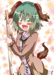 Rule 34 | 1girl, animal ears, bamboo broom, blush, broom, brown hair, floppy ears, floral background, green eyes, green hair, highres, kasodani kyouko, looking at viewer, matsuoka michihiro, open mouth, solo, tail, touhou