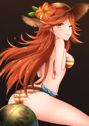 Rule 34 | 10s, 1girl, ass, back, ball, beachball, bikini, breasts, brown hair, flower, from side, granblue fantasy, hat, hat flower, healther, long hair, looking at viewer, mary (granblue fantasy), medium breasts, one eye closed, solo, straw hat, striped bikini, striped clothes, swimsuit, untied bikini, wavy mouth, yellow eyes