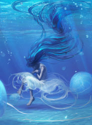 Rule 34 | 1girl, absurdly long hair, air bubble, animal, bare shoulders, barefoot, blue hair, blue theme, bubble, commentary request, day, dress, closed eyes, fantasy, from side, full body, hands on own chest, highres, jellyfish, light rays, long hair, monochrome, original, outdoors, profile, reishin (tenpurasoba), scenery, submerged, sunlight, underwater, very long hair, water, white dress
