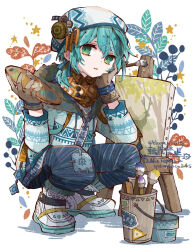 Rule 34 | 1boy, aqua eyes, aqua hair, bloomminority, blue background, full body, highres, long hair, looking at viewer, male focus, open mouth, original, paintbrush, palette (object), ponytail, scarf, solo, star (symbol), steampunk, white background