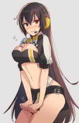 Rule 34 | 1girl, alternate costume, black hair, blush, breasts, cleavage, cowboy shot, embarrassed, grey background, hair between eyes, headphones, headset, highres, kantai collection, kasumi (skchkko), large breasts, long hair, looking at viewer, midriff, nagato (kancolle), navel, race queen, red eyes, short sleeves, shrug (clothing), simple background, skirt, smile, solo, strapless, torn clothes, torn skirt, tube top