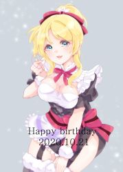 Rule 34 | 1girl, apron, artist request, ayase eli, black dress, blonde hair, blue eyes, blush, bow, breasts, circle (madoka25), cleavage, cleavage cutout, clothing cutout, collar, cross-laced clothes, cross-laced dress, detached collar, dress, earrings, female focus, flower earrings, frilled collar, frilled dress, frilled shirt collar, frilled sleeves, frills, fur-trimmed legwear, fur trim, garter straps, gesture, hair between eyes, hair bow, high collar, high ponytail, highres, jewelry, lace, long hair, looking at viewer, love live!, love live! school idol festival, love live! school idol project, maid, maid apron, medium breasts, mogyutto &quot;love&quot; de sekkin chuu!, parted lips, ponytail, puffy short sleeves, puffy sleeves, red bow, red ribbon, ribbon, scrunchie, short sleeves, smile, solo, swept bangs, white scrunchie, wrist scrunchie