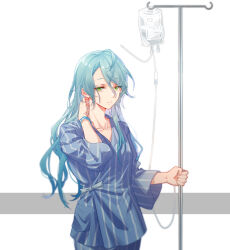 Rule 34 | 1girl, absurdres, aqua hair, arm behind head, bang dream!, blue bracelet, chinese commentary, collarbone, commentary request, cowboy shot, green eyes, grey background, hair between eyes, highres, hikawa sayo, hospital gown, intravenous drip, iv stand, long hair, looking at viewer, parted bangs, parted lips, solo, walluka, white background, wide sleeves