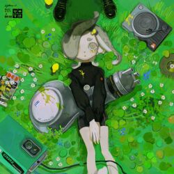 Rule 34 | 1girl, 1other, bike shorts, black footwear, boots, cd, closed mouth, grey eyes, grey hair, gun, highres, lying, magazine (object), medium hair, nautilus (splatoon), nintendo, octoling, octoling girl, octoling player character, on back, on grass, outdoors, short eyebrows, solo focus, splatoon (series), takokawayoi, tentacle hair, thick eyebrows, weapon, wire