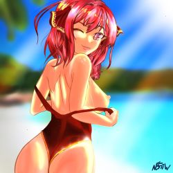 Rule 34 | 1girl, ass, beach, breasts, cowboy shot, highres, hololive, houshou marine, nipples, nsfiiw, one-piece swimsuit, one eye closed, raised eyebrow, red eyes, red hair, shoulder blades, smile, swimsuit, tagme, undressing, virtual youtuber, wink