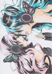 Rule 34 | 2girls, absurdres, aqua hair, bad id, bad pixiv id, blue eyes, butterfly wings, closed eyes, colored eyelashes, hat, hatsune miku, headphones, highres, hinamiya (60hinamiya01), holding hands, insect wings, long hair, magnet (vocaloid), marker (medium), megurine luka, multiple girls, pink hair, portrait, traditional media, vocaloid, wings, yuri