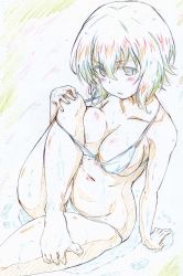 Rule 34 | 1girl, absurdres, arm support, barefoot, bikini, blush, brown eyes, brown hair, collarbone, color trace, colored pencil (medium), commentary, front-tie bikini top, front-tie top, girls und panzer, hand on own knee, highres, kitazinger, leaning back, leg up, legs, light blush, navel, nishizumi maho, parted lips, short hair, sitting, skindentation, solo, swimsuit, traditional media, wardrobe malfunction, white bikini