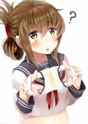 Rule 34 | 10s, 1girl, :o, ?, bad id, bad pixiv id, brown eyes, brown hair, commentary, folded ponytail, heart, heart panties, heart print, holding, holding clothes, holding panties, holding underwear, inazuma (kancolle), kantai collection, kitsuneko azarashi, long hair, navel, open mouth, panties, unworn panties, partially undressed, personification, print panties, school uniform, serafuku, solo, spoken question mark, stained panties, underwear, upper body, white panties