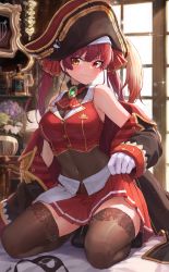 Rule 34 | 1girl, absurdres, bare shoulders, belt, black headwear, black jacket, black thighhighs, blush, breasts, brown belt, cleavage, covered navel, cropped jacket, cup, drinking glass, gloves, hair ribbon, heterochromia, highres, hololive, houshou marine, indoors, jacket, kokukyukeo, large breasts, leather belt, leotard, long hair, looking at viewer, miniskirt, off shoulder, pirate, pleated skirt, red eyes, red hair, red ribbon, red skirt, ribbon, see-through, see-through cleavage, skin tight, skirt, smile, solo, thighhighs, twintails, very long hair, virtual youtuber, white gloves, wine glass, yellow eyes