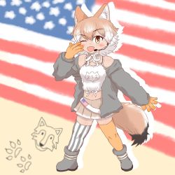 Rule 34 | animal ears, black jacket, blonde hair, coyote, coyote (kemono friends), wolf ears, wolf tail, gloves, highres, jacket, kemono friends, kemono friends v project, necktie, shirt, shoes, short hair, skirt, smile, tail, virtual youtuber, white shirt, yellow eyes, yellow gloves