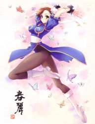 Rule 34 | 1girl, absurdres, boots, breasts, brown eyes, brown hair, bug, bun cover, butterfly, capcom, china dress, chinese clothes, chun-li, double bun, dress, covered erect nipples, highres, bug, large breasts, pandaki (aki), pantyhose, pelvic curtain, sash, scan, short hair, solo, street fighter