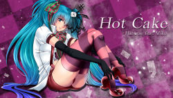 Rule 34 | 1girl, aqua eyes, aqua hair, character name, checkered background, elbow gloves, gloves, gradient hair, hair over one eye, hatsune miku, high heels, highres, long hair, meteolance, multicolored hair, shoes, sitting, solo, striped clothes, striped thighhighs, suspenders, thighhighs, twintails, very long hair, vocaloid