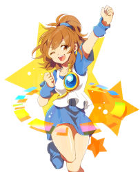 Rule 34 | 1girl, ;d, arle nadja, arm up, blue footwear, blue skirt, boots, brown eyes, brown hair, clenched hand, clenched hands, half updo, hitopm, leg up, madou monogatari, one eye closed, open mouth, puyopuyo, raised fist, shirt, shoes, short hair, skirt, smile, solo, standing, standing on one leg, star (symbol), wink, wrist cuffs