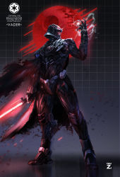 Rule 34 | 1boy, absurdres, adapted costume, cape, cyborg, darth vader, death star, electricity, energy sword, full body, gradient background, helmet, highres, lightsaber, male focus, solo, star wars, sword, weapon, youzi (majaja281278)