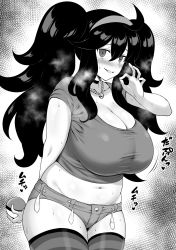 Rule 34 | 1girl, alternate breast size, alternate hairstyle, belly, black hair, blush, breasts, choker, cleavage, condom, cowboy shot, creatures (company), fellatio gesture, game freak, greyscale, hairband, half-closed eyes, heart, heavy breathing, hex maniac (pokemon), highres, jewelry, large breasts, looking at viewer, midriff, monochrome, multiple condoms, navel, necklace, nintendo, pokemon, pokemon xy, short shorts, short sleeves, shorts, smile, sweat, thick thighs, thighhighs, thighs, twintails, used condom, yue (show-ei)