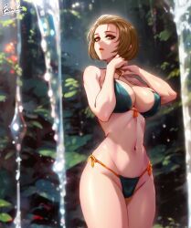 Rule 34 | 1girl, alternate costume, artist name, bikini, black bikini, breasts, brown eyes, brown hair, cleavage, commentary, english commentary, esther shen, eyeshadow, fire emblem, fire emblem: three houses, highleg, large breasts, leaf, lips, looking at viewer, makeup, manuela casagranda, mole, mole under eye, navel, nintendo, orange lips, parted lips, short hair, solo, stomach, swimsuit, thighs, water