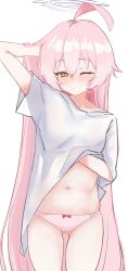 Rule 34 | 1girl, ahoge, berserkert, blue archive, blush, breasts, clothes lift, hair between eyes, halo, hand under clothes, highres, hoshino (blue archive), long hair, looking at viewer, midriff peek, navel, one eye closed, orange eyes, panties, pink hair, pink panties, shirt, short sleeves, simple background, small breasts, solo, t-shirt, underwear, very long hair, white background, white shirt
