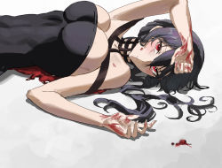 Rule 34 | 1girl, absurdres, arm up, bare shoulders, black choker, black dress, black hair, blood, blood on hands, blush, breasts, choker, cleavage, cozyu, dress, highres, large breasts, long hair, looking at viewer, lying, on back, red eyes, sleeveless, sleeveless dress, solo, spy x family, yor briar