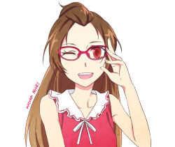 Rule 34 | 1girl, bad id, bad pixiv id, bespectacled, brown hair, character name, dokidoki! precure, glasses, half updo, long hair, looking at viewer, madoka aguri, negom, one eye closed, open mouth, precure, red-framed eyewear, red eyes, sailor collar, simple background, sleeveless, smile, solo, upper body, white background, white sailor collar, wink