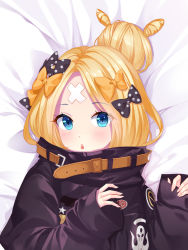 Rule 34 | 1girl, abigail williams (fate), abigail williams (traveling outfit) (fate), bakugadou, bandaid, bandaid on face, bandaid on forehead, belt, black bow, black jacket, blonde hair, blue eyes, blush, bow, breasts, crossed bandaids, fate/grand order, fate (series), forehead, hair bow, hair bun, heroic spirit traveling outfit, high collar, jacket, long hair, looking at viewer, multiple bows, official alternate costume, open mouth, orange belt, orange bow, parted bangs, polka dot, polka dot bow, single hair bun, sleeves past wrists, small breasts, solo