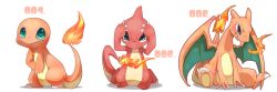 Rule 34 | animal focus, arms up, blue eyes, blush, breath weapon, breathing fire, charizard, charmander, charmeleon, claws, closed mouth, creatures (company), dragon, evolutionary line, fang, fang out, fangs, fangs out, fire, flame-tipped tail, full body, game freak, gen 1 pokemon, green eyes, grey eyes, hands on own head, kneeling, looking at viewer, nintendo, no humans, open mouth, outline, pokedex number, pokemon, pokemon (creature), red outline, shira (sirairo116), simple background, sitting, spread legs, standing, white background