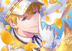 Rule 34 | 1boy, absurdres, blonde hair, blue eyes, cape, character name, collared shirt, epaulettes, f6, falling petals, finger to mouth, flower, gloves, gold trim, hat, highres, looking at viewer, male focus, matsuno jyushimatsu, military hat, on shiromeshi, osomatsu-san, peaked cap, petals, portrait, shirt, smile, white cape, white gloves, white hat, yellow flower
