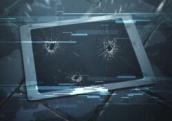 Rule 34 | blue archive, bullet hole, cracked screen, game cg, glitch, no humans, non-web source, official art, outdoors, rain, tablet pc