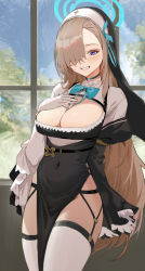 Rule 34 | 1girl, absurdres, asuna (blue archive), blue archive, blue bow, blue bowtie, blue eyes, blue ribbon, blush, bow, bowtie, breasts, brown hair, cleavage, cleavage cutout, clothing cutout, covered navel, gloves, hair over one eye, halo, highres, kawa683, large breasts, long hair, looking at viewer, nun, parted lips, ribbon, smile, solo, thighhighs, thighs, very long hair, white gloves, white thighhighs, window