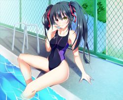 Rule 34 | 10s, 1girl, black hair, competition swimsuit, covered navel, date a live, finger to mouth, heterochromia, kazeoto kirito, long hair, mizuno (brand), one-piece swimsuit, pool, poolside, sitting, soaking feet, solo, swimsuit, tokisaki kurumi, twintails, water