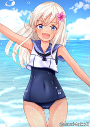 Rule 34 | 1girl, blonde hair, blue eyes, blue sky, cloud, commentary request, covered navel, cowboy shot, crop top, day, fang, flower, gluteal fold, hair flower, hair ornament, horizon, kantai collection, looking at viewer, namidako, ocean, one-piece swimsuit, one-piece tan, open mouth, outdoors, ro-500 (kancolle), sailor collar, school swimsuit, sky, smile, solo, swimsuit, swimsuit under clothes, tan, tanline, waving