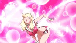 Rule 34 | 10s, 1girl, animated, animated gif, ass, ass cutout, ass shake, blonde hair, boobies uniform, breasts, butt crack, clothing cutout, female focus, from behind, hairband, heart, heart cutout, honey (space dandy), large breasts, legs, long hair, lowres, one eye closed, red eyes, short shorts, shorts, simple background, sitting, solo, space dandy, thighs, wink