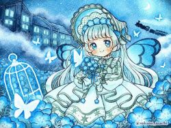 Rule 34 | 1girl, artist name, birdcage, blue flower, blue hair, blue sky, blue theme, blue wings, blush, bonnet, bouquet, bow, bug, building, butterfly, butterfly hat ornament, butterfly wings, cage, closed mouth, crescent moon, dress, flower, frilled dress, frilled headwear, frills, grey bow, grey ribbon, hat, hat flower, hat ornament, hexagram, holding, holding bouquet, insect, insect wings, light blue hair, lolita fashion, long dress, long hair, long sleeves, looking at viewer, moon, nemophila (flower), night, night sky, original, painting (medium), puffy long sleeves, puffy sleeves, romaji text, sakano machi, signature, sky, smile, solo, star (symbol), star print, traditional media, train, twitter username, watercolor (medium), white dress, wings